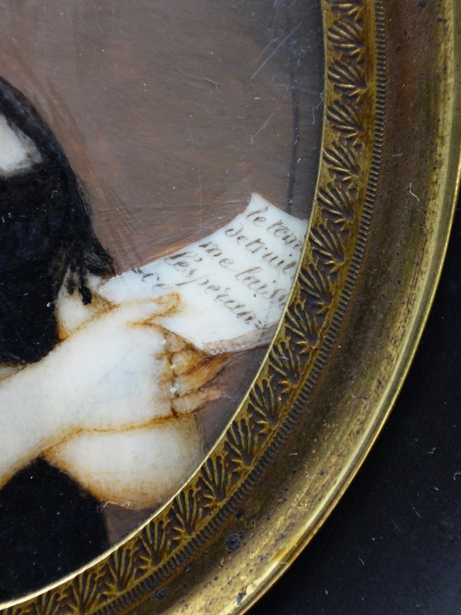 Miniature Mourning Portrait With Motto Of A Young Woman In Jewelry, 19th Century-photo-1