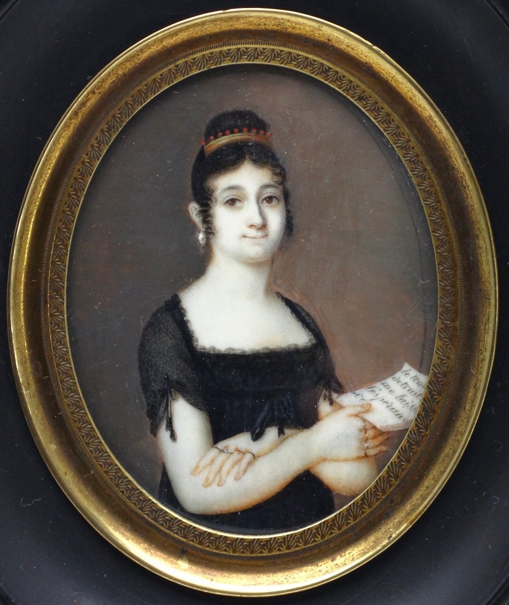 Miniature portrait de deuil à devise d'une jeune Femme en bijoux époque XIXe