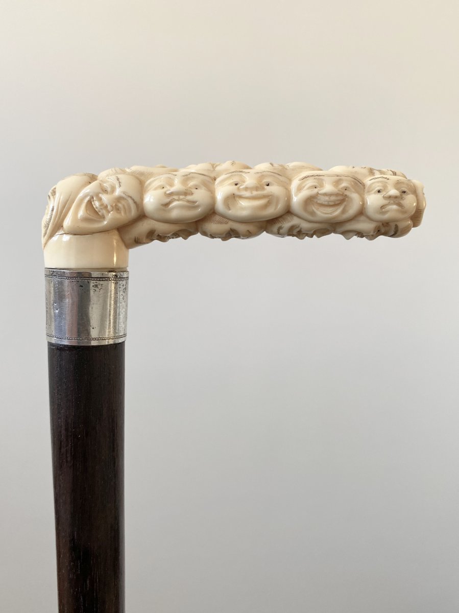 Cane With Knob In Carved Ivory Decorated With Masks Of The Noh Theater Japan 19th Century-photo-1