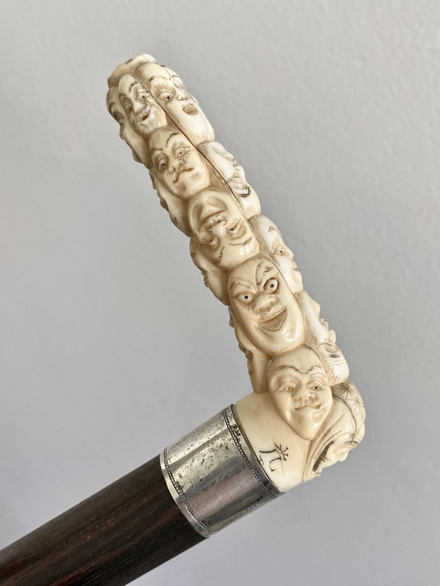 Cane With Knob In Carved Ivory Decorated With Masks Of The Noh Theater Japan 19th Century-photo-3