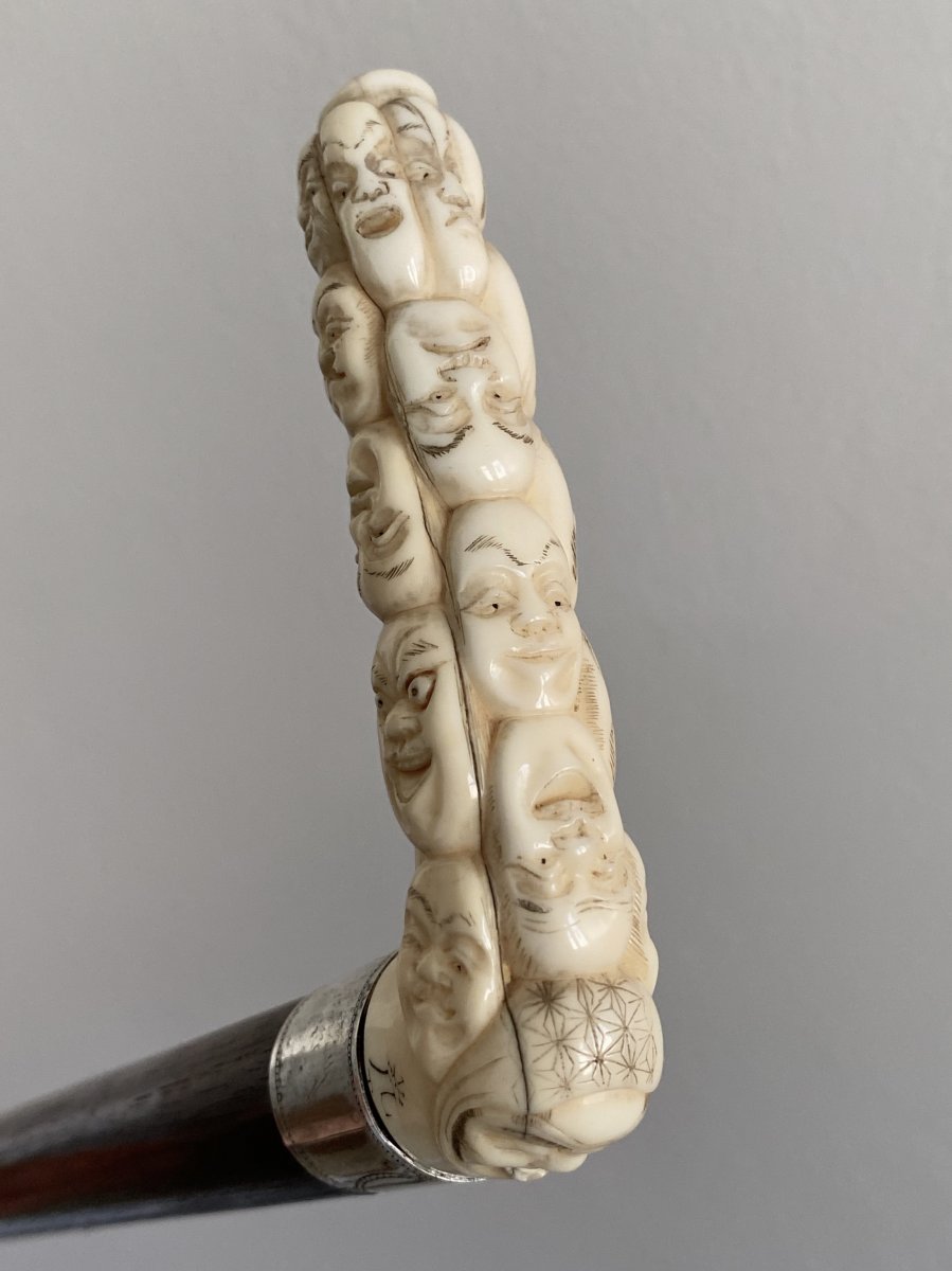 Cane With Knob In Carved Ivory Decorated With Masks Of The Noh Theater Japan 19th Century-photo-5