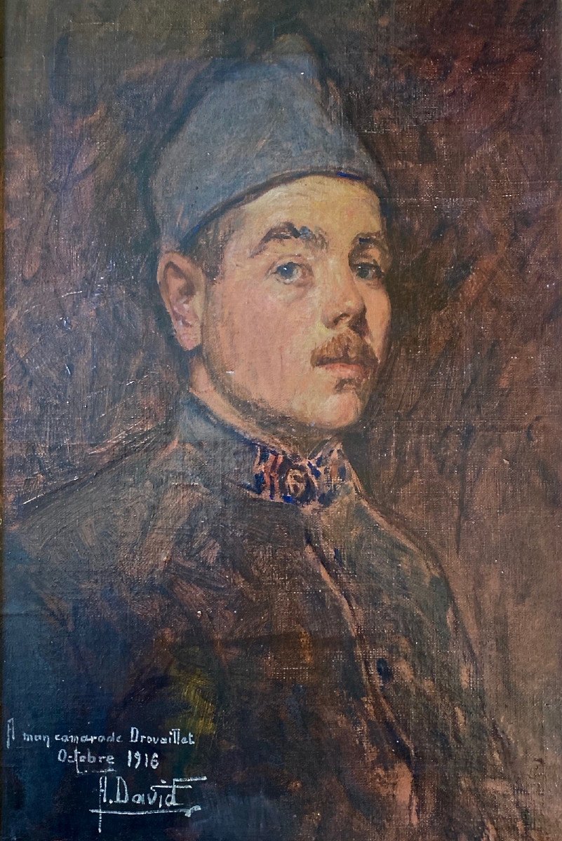 Huile sur toile portrait d'un poilus régiment de cavalerie signée,dédicacée et datée1916-photo-2