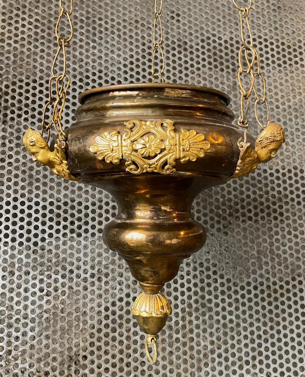 Lanterne d'église en laiton à Décor d'Angelots époque XIXe-photo-3