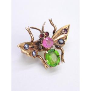 Broche ancienne zoomorphe en OR 14K mouche ornée de pierres époque XIXe 