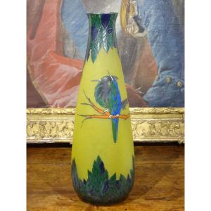 Verrerie De Leune (1861-1930)  Grand vase à décor émaillé époque Art Déco 1930