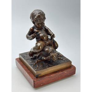 Auguste Moreau (1834 -1917) Bronze “child Riding A Cricket” Fondeur Colin & Cie 