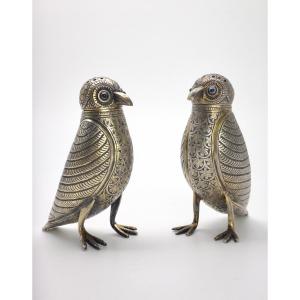 Pair Of Salt Cellars Forming Birds In Solid Silver Raj Region Kashmir Srinagar Period 19th Century