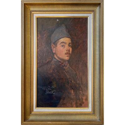 Huile sur toile portrait d'un poilus régiment de cavalerie signée,dédicacée et datée1916