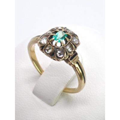 Pompadour Ring In 18k Gold Set With Rose-cut Diamonds And An Emerald From The 19th Century T53 