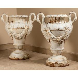 Pair Of Cast Iron Garden Vases, Late 19th, Early 20th Century