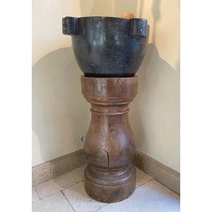 Large Granite Mortar On Wooden Barrel, Early 19th Century