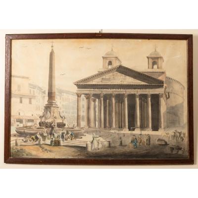 View Of The Pantheon In Rome, Watercolor 19th