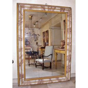 Très Grand Miroir En Bois Peint Faux Marbre, Italie 17ème