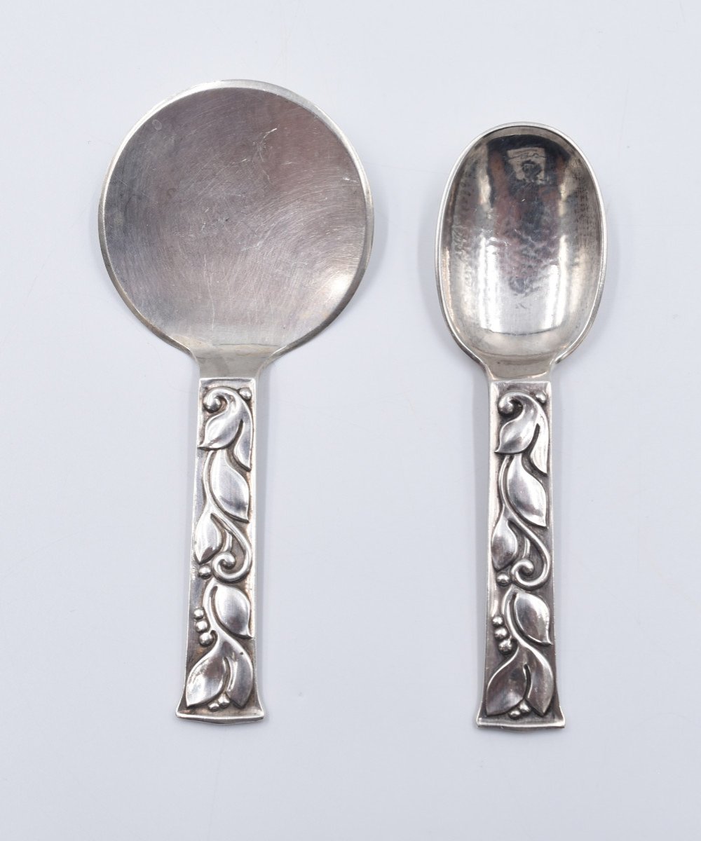 Evald Nielsen Denmark 2 Serving Spoons In Sterling Silver & 830 Sterling Silver