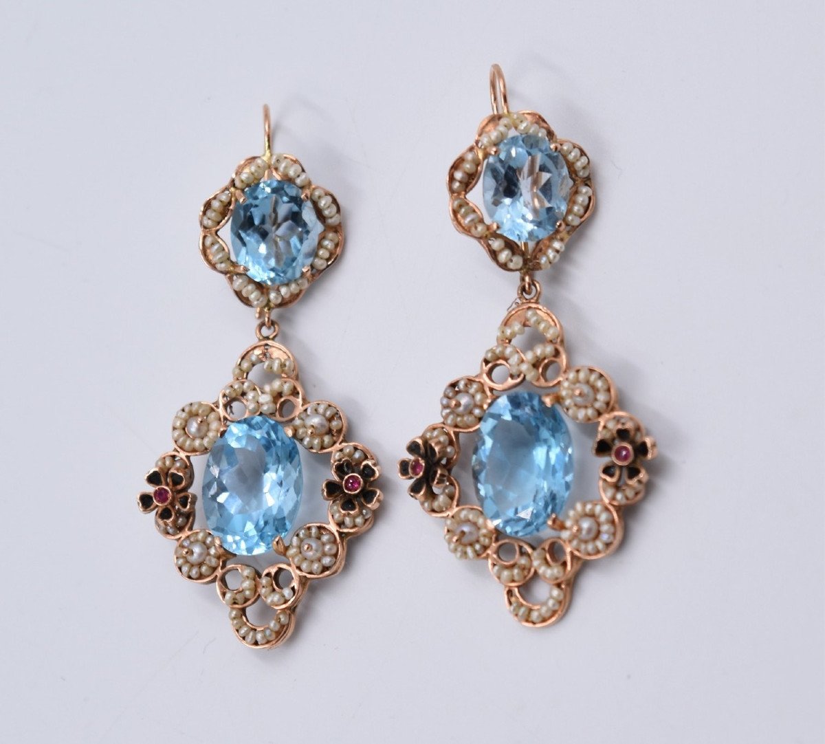Pair Of 14 K Gold Dangling Earrings With Enamel Beads And Italy Blue Stones-photo-3