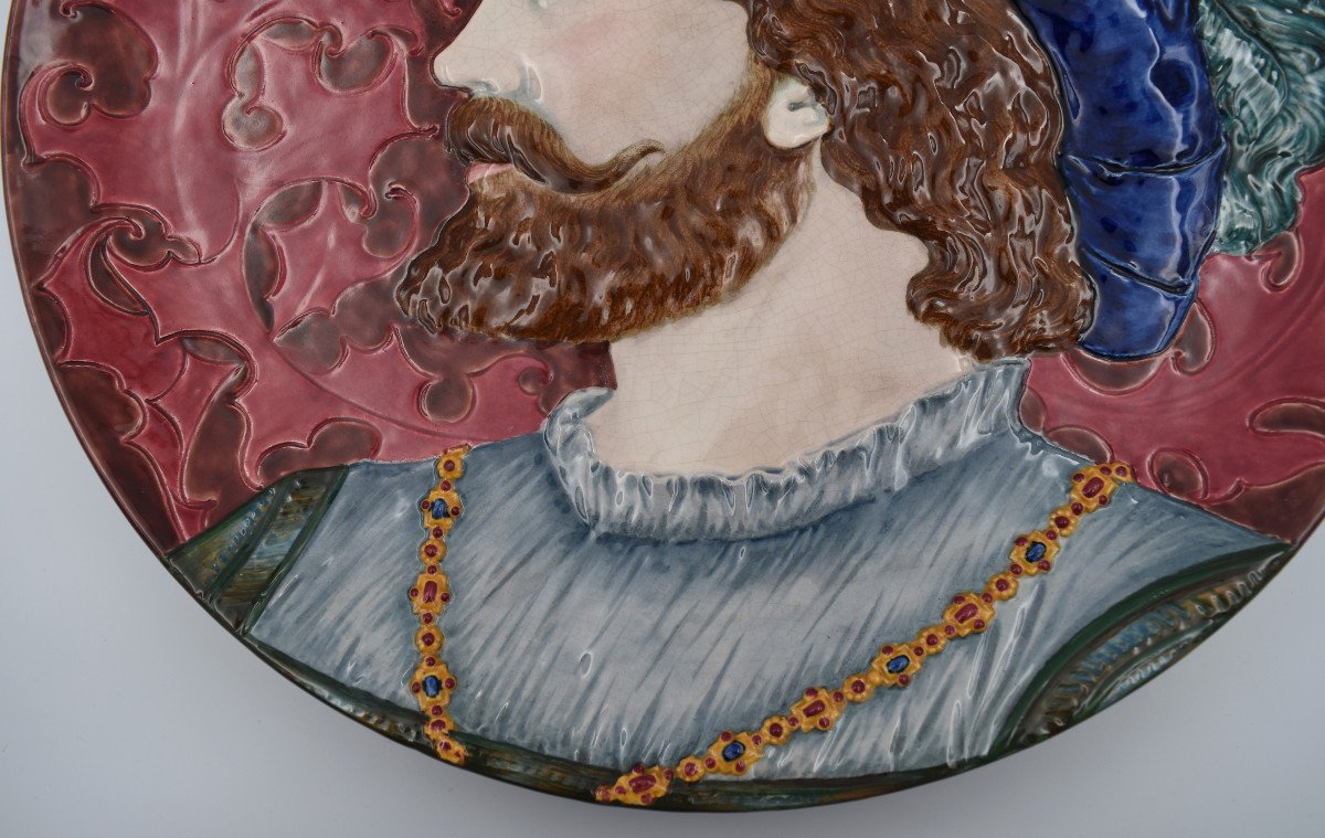 Sarreguemines Majolica Plat En Faïence Décor Portrait d' Une Homme D= 43 Cm-photo-3