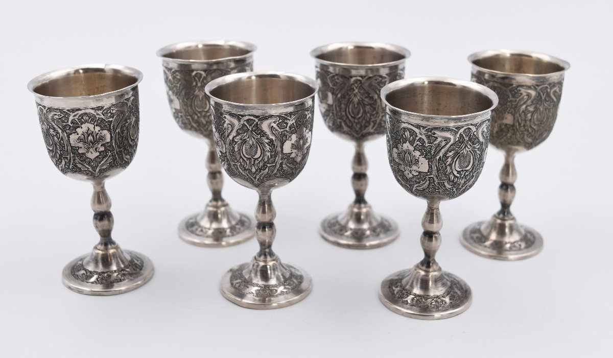 Series Of 6 Persian Qajar Islamic Sterling Silver Goblets