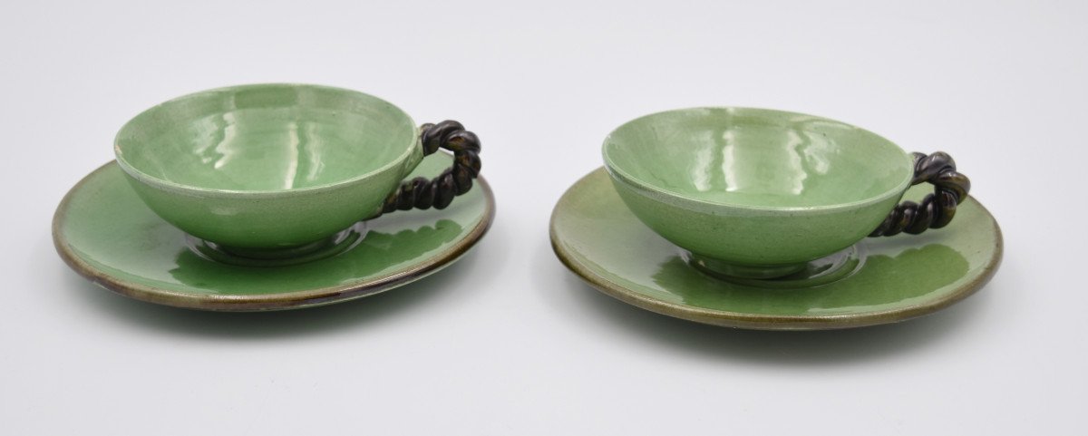 Dieulefit Green Glazed Earthenware Pottery Tea Service 24 Pieces-photo-2