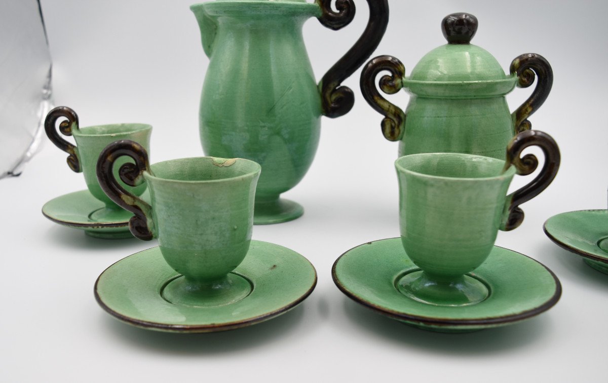 Dieulefit Earthenware Pottery Tea Service In Green Glazed Earthenware 10 Pces-photo-2