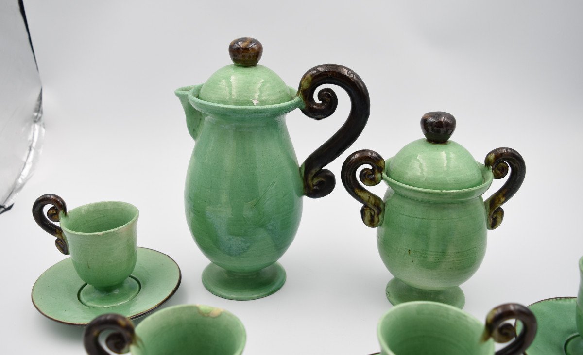 Dieulefit Earthenware Pottery Tea Service In Green Glazed Earthenware 10 Pces-photo-3