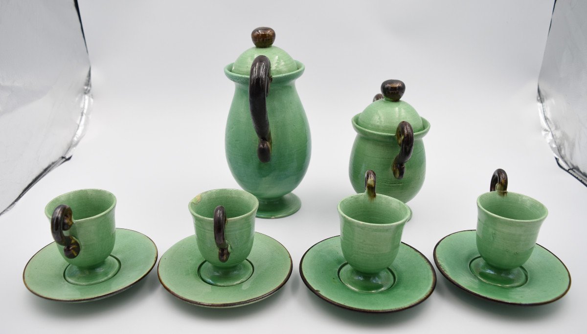 Dieulefit Earthenware Pottery Tea Service In Green Glazed Earthenware 10 Pces-photo-4