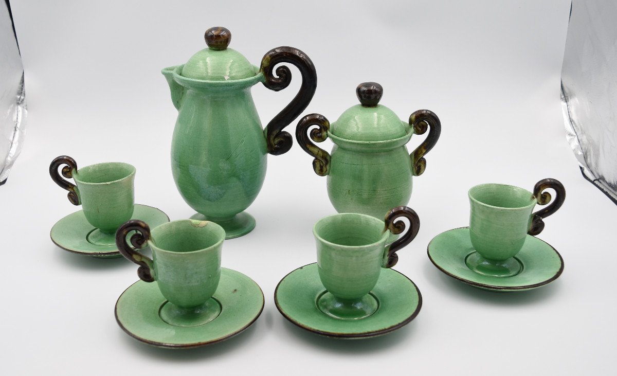 Dieulefit Earthenware Pottery Tea Service In Green Glazed Earthenware 10 Pces
