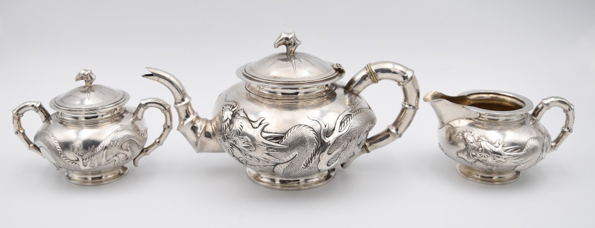 Tea Coffee Service In Sterling Silver China Circa 1900 Decorated With Bamboos And Dragons Tuck Chang-photo-2