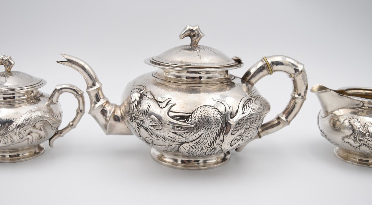 Tea Coffee Service In Sterling Silver China Circa 1900 Decorated With Bamboos And Dragons Tuck Chang-photo-3