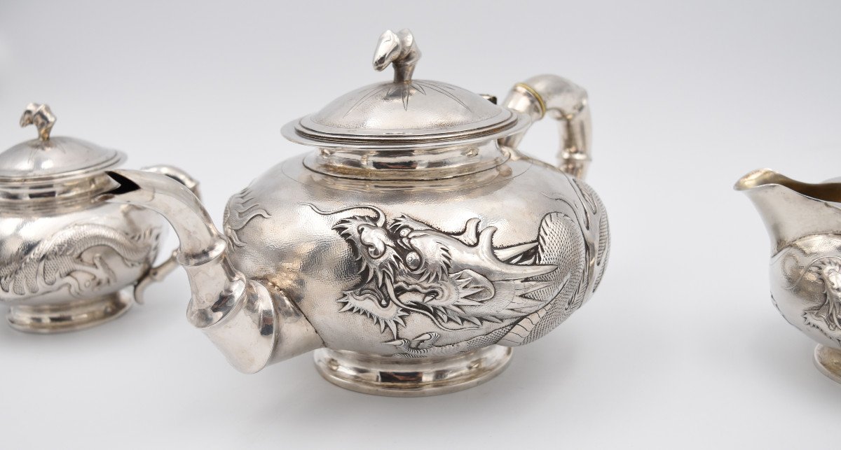 Tea Coffee Service In Sterling Silver China Circa 1900 Decorated With Bamboos And Dragons Tuck Chang-photo-4