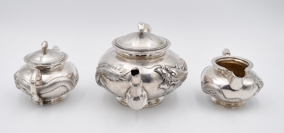 Tea Coffee Service In Sterling Silver China Circa 1900 Decorated With Bamboos And Dragons Tuck Chang-photo-1