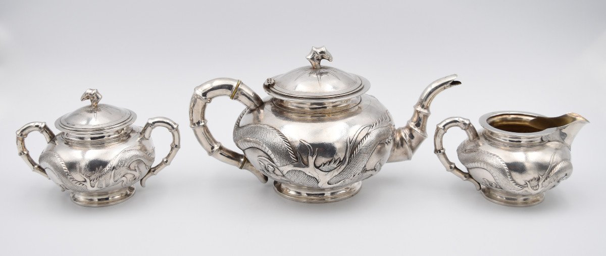 Tea Coffee Service In Sterling Silver China Circa 1900 Decorated With Bamboos And Dragons Tuck Chang-photo-2