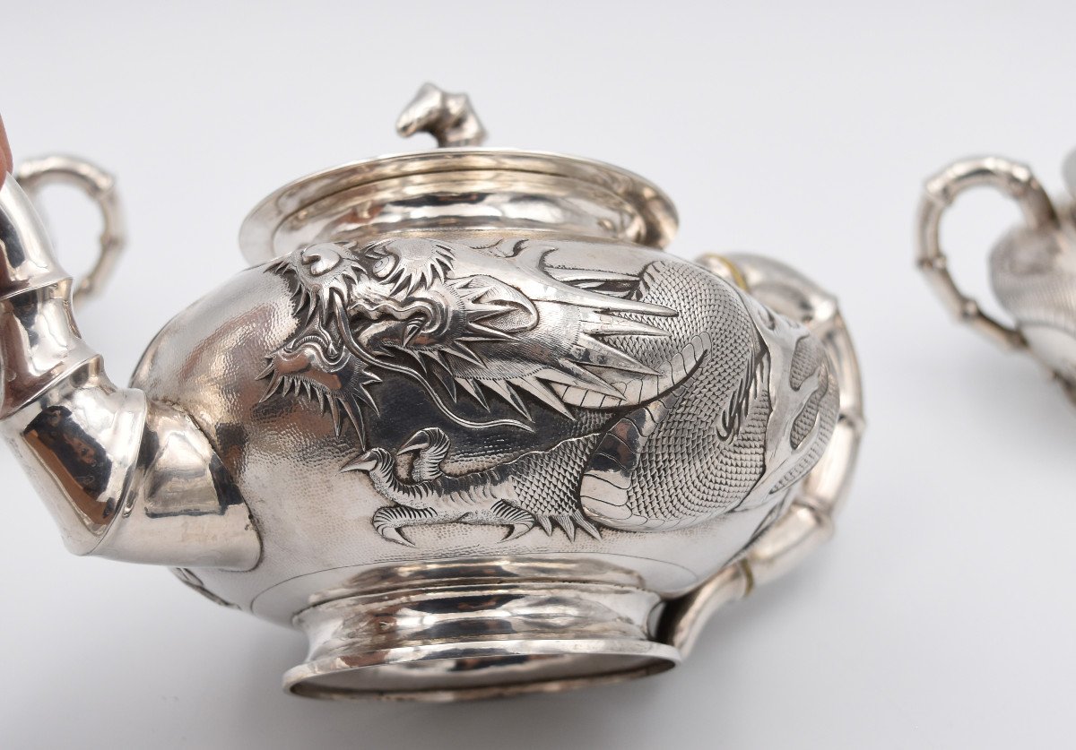 Tea Coffee Service In Sterling Silver China Circa 1900 Decorated With Bamboos And Dragons Tuck Chang-photo-3