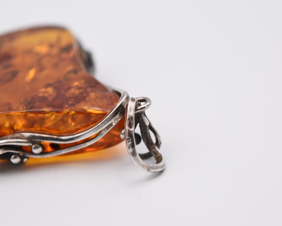 Large Art Deco Style Amber And Silver Pendant-photo-4