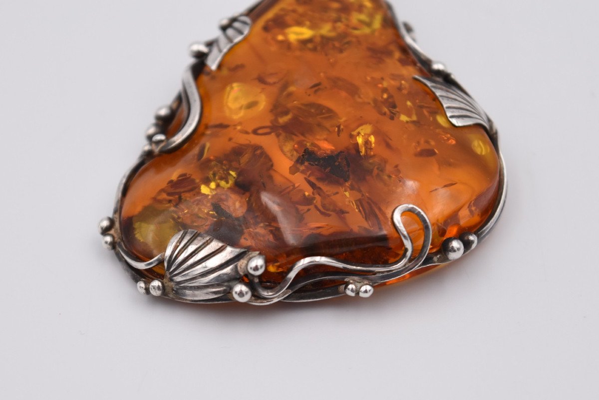 Large Art Deco Style Amber And Silver Pendant-photo-1