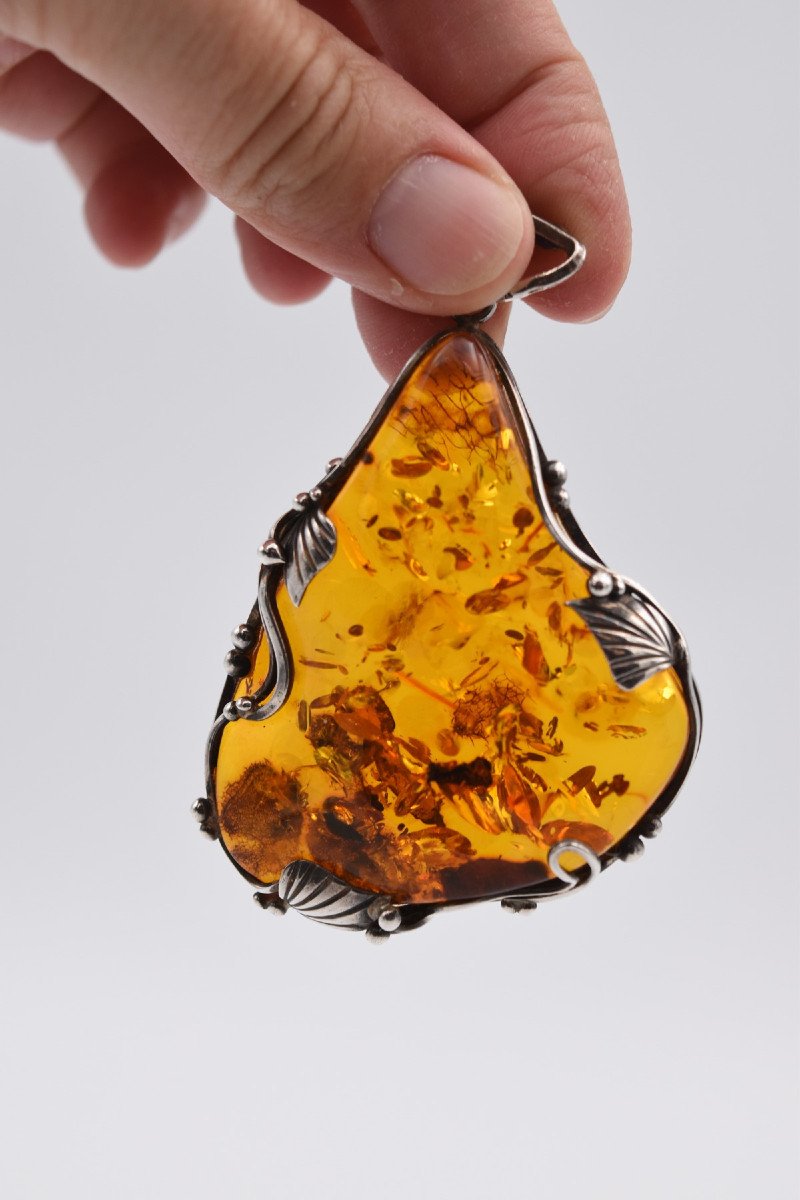 Large Art Deco Style Amber And Silver Pendant-photo-5