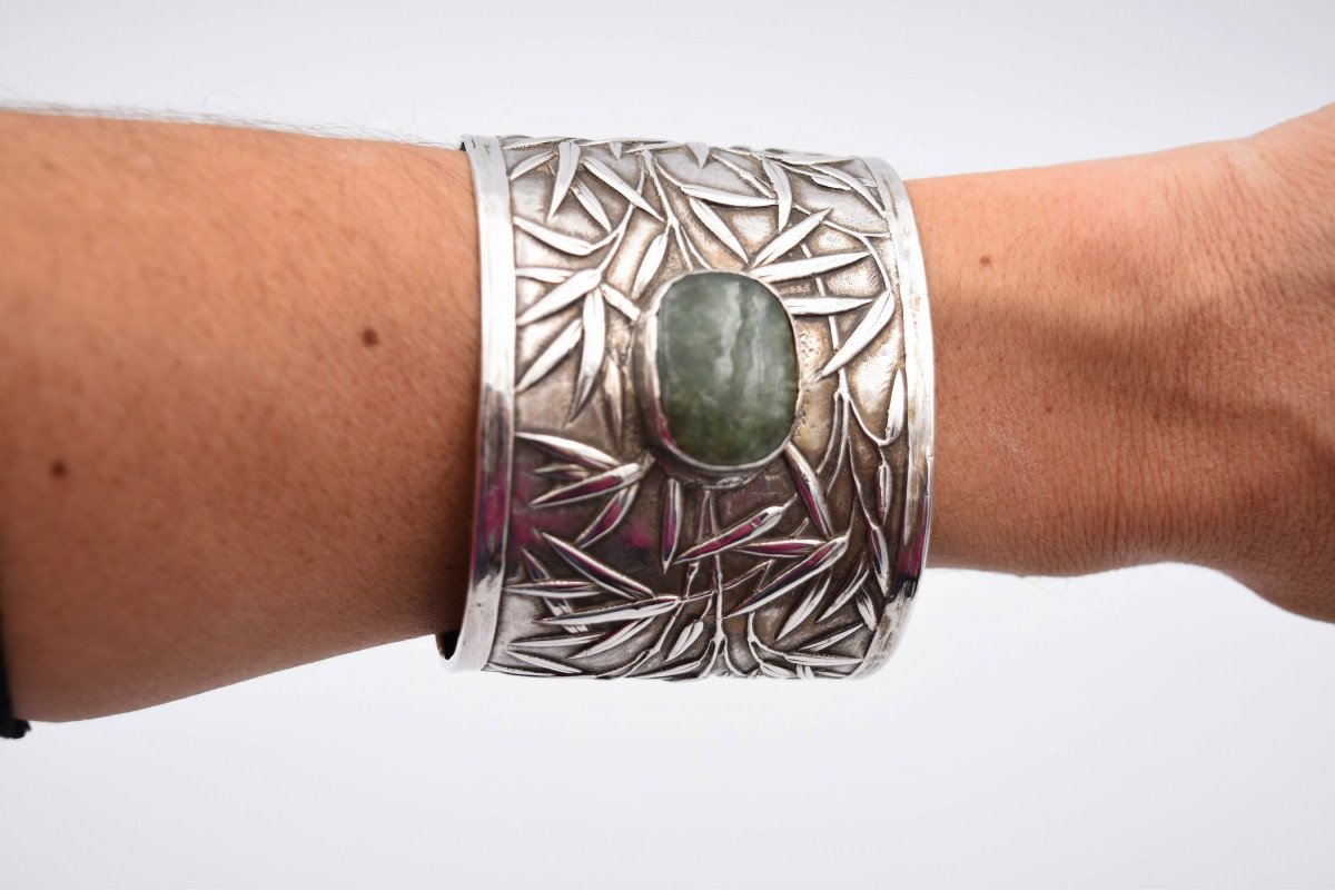 Old Silver And Jade Cuff Bracelet China Canton Brand Cs Cumshing-photo-6