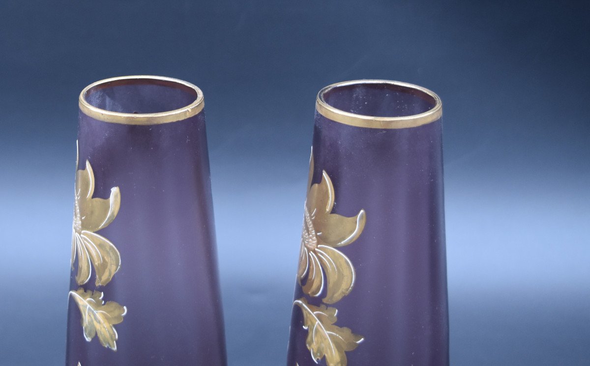 Pair Of Art Nouveau Vases In Tinted Glass Decorated With Golden Flowers-photo-2