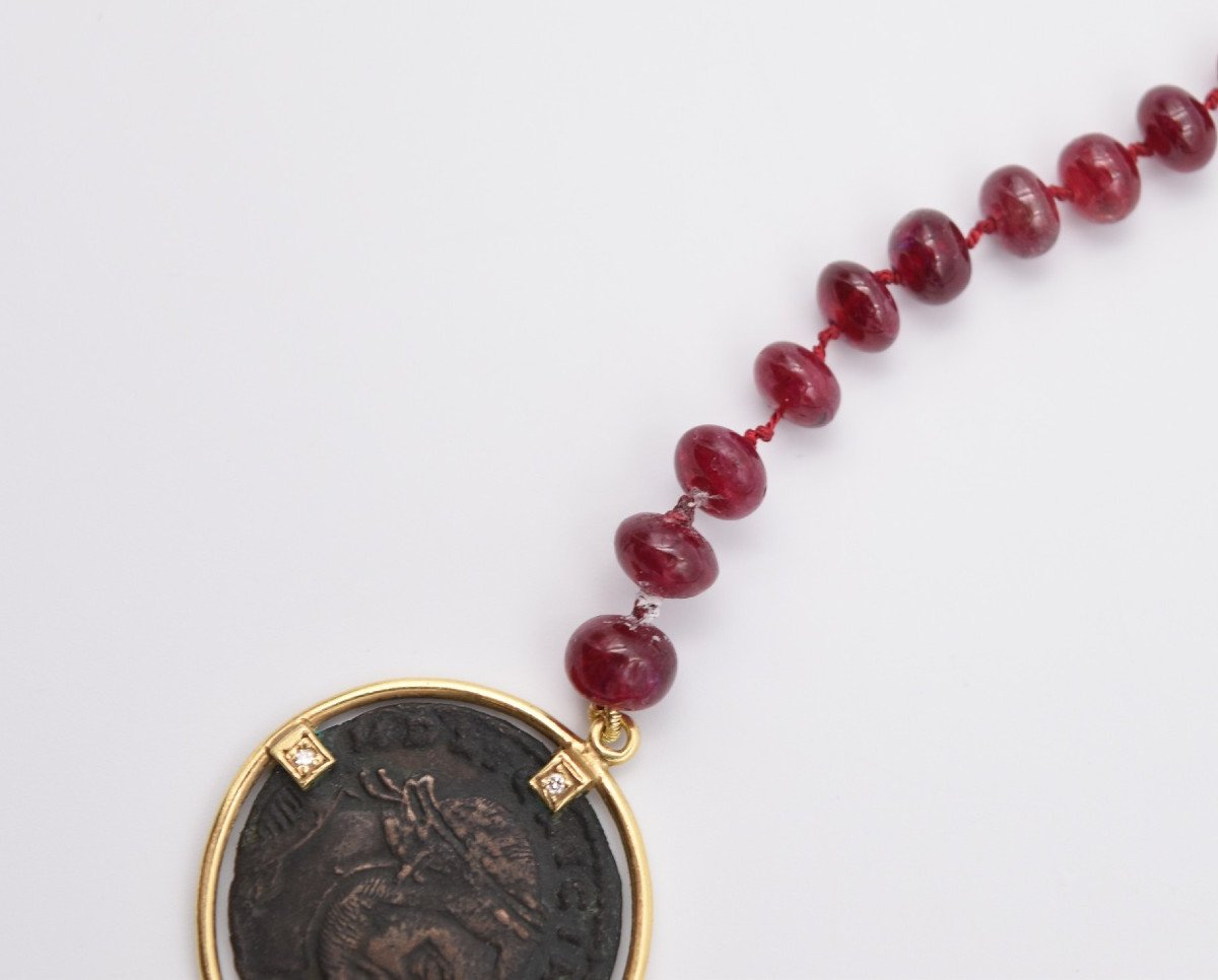 Collier En Or 18 Carats Follis De Licinius Rubis Et Diamant-photo-8