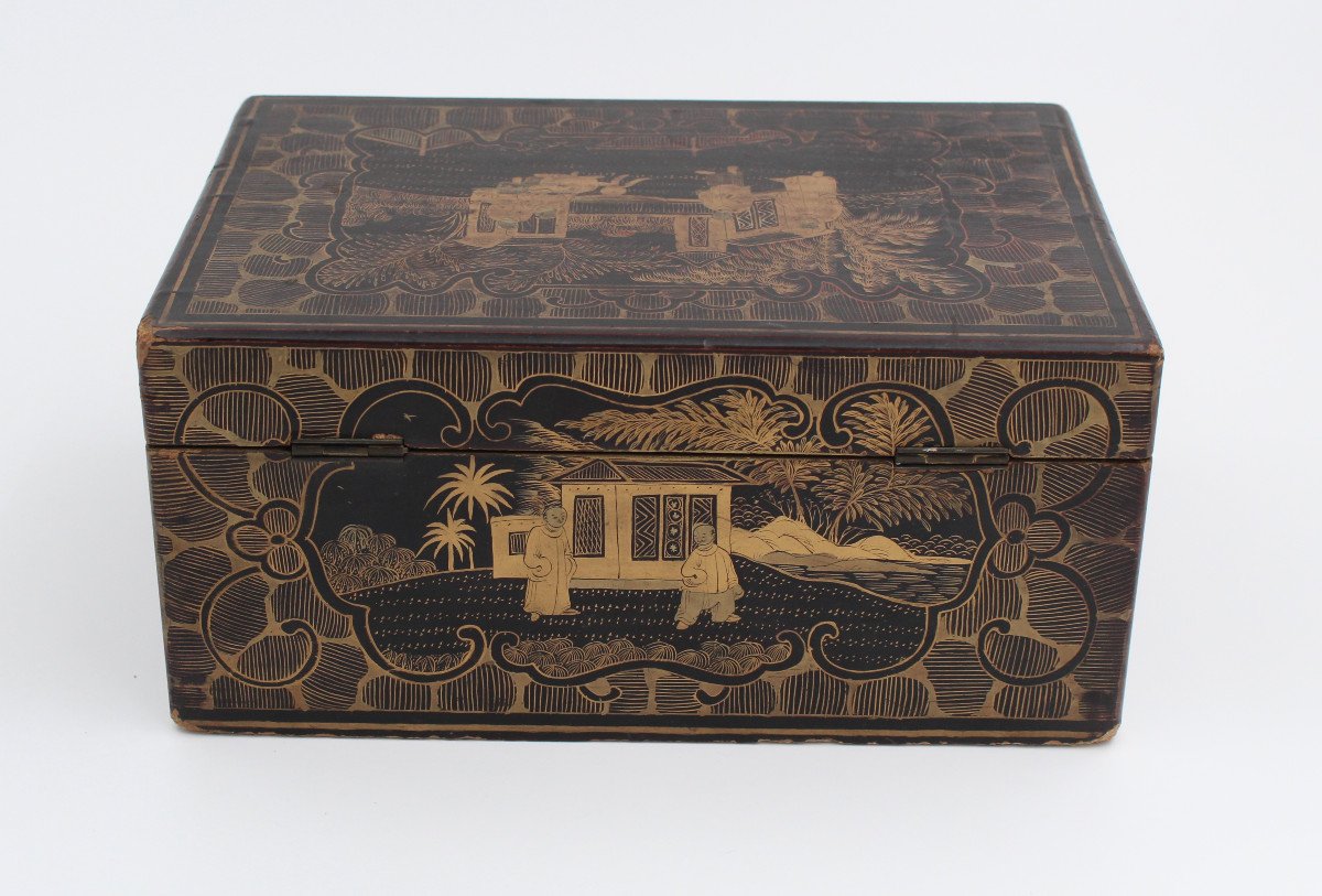 Boite Coffret En Laque De Chine Dore Canton XIX Eme-photo-2