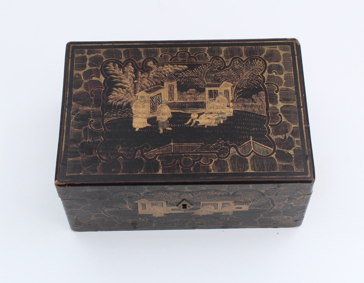 Boite Coffret En Laque De Chine Dore Canton XIX Eme