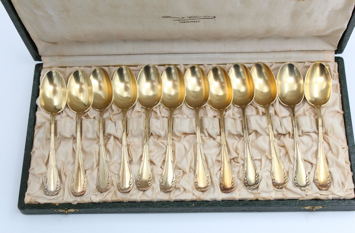 Orf Debain 12 Silver-gilt Coffee Spoons With Minerva Silver Hallmark And Rocaille Decor-photo-2