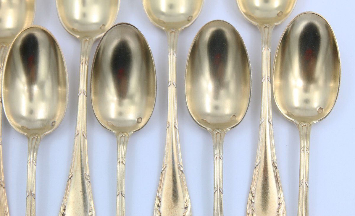 Orf Debain 12 Silver-gilt Coffee Spoons With Minerva Silver Hallmark And Rocaille Decor-photo-3