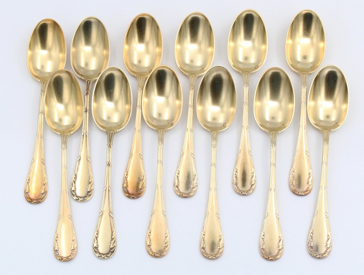 Orf Debain 12 Silver-gilt Coffee Spoons With Minerva Silver Hallmark And Rocaille Decor