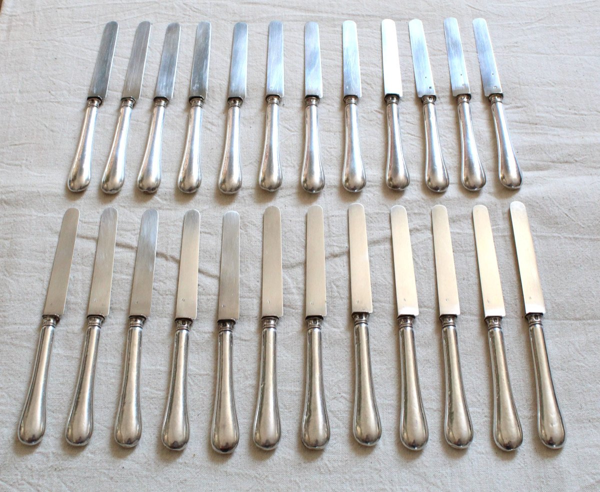 Set Of 24 Knives With Silver Handles And Blades, Minerva Hallmark And Medallions-photo-4