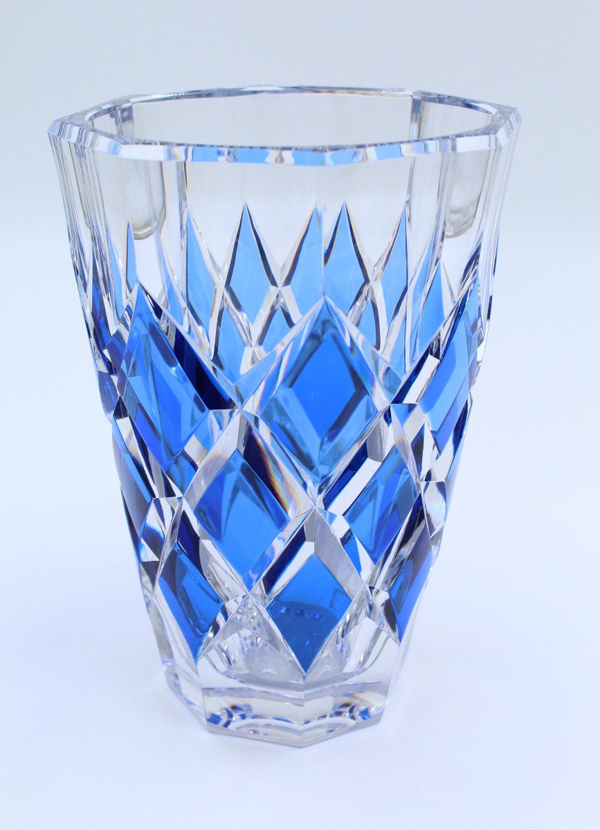 Val Saint Lambert Cobalt Blue Art Deco Crystal Vase-photo-2