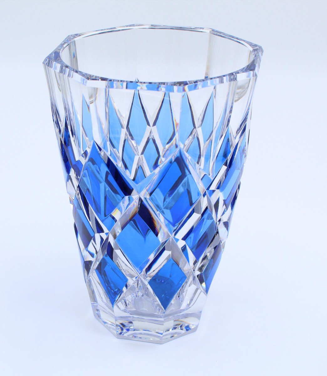 Val Saint Lambert Cobalt Blue Art Deco Crystal Vase-photo-3