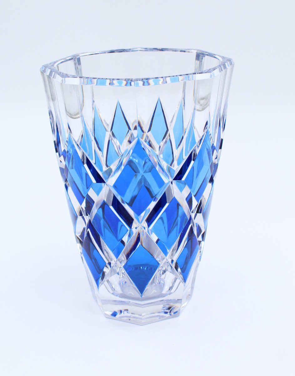 Val Saint Lambert Cobalt Blue Art Deco Crystal Vase-photo-1