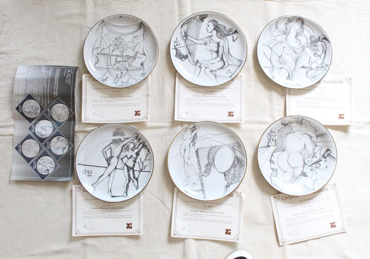 Series Of 6 Plates "the Arts" After Salvador Dali Vick International 1978