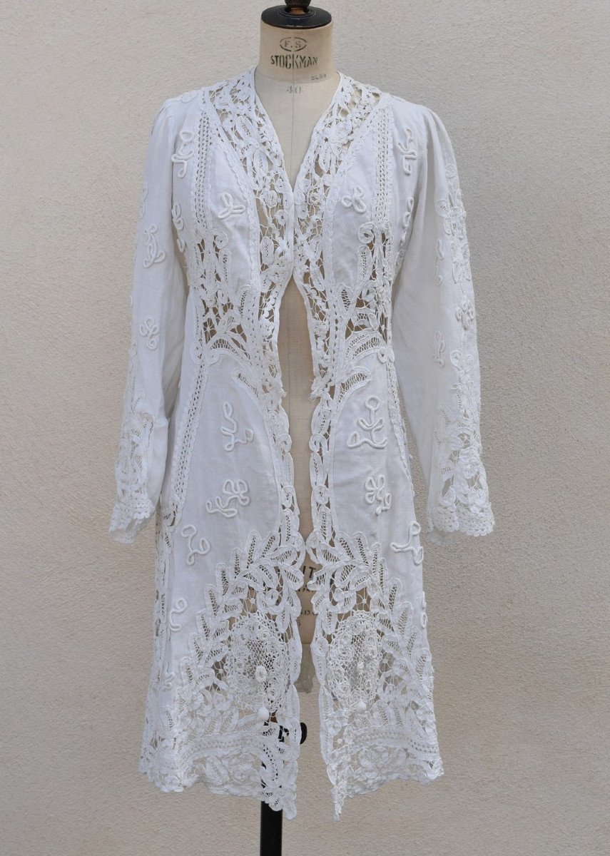 Ancien Manteau d'été En Lin Appliqué De Dentelle Aux Lacets Luxeuil 1900 1910-photo-2