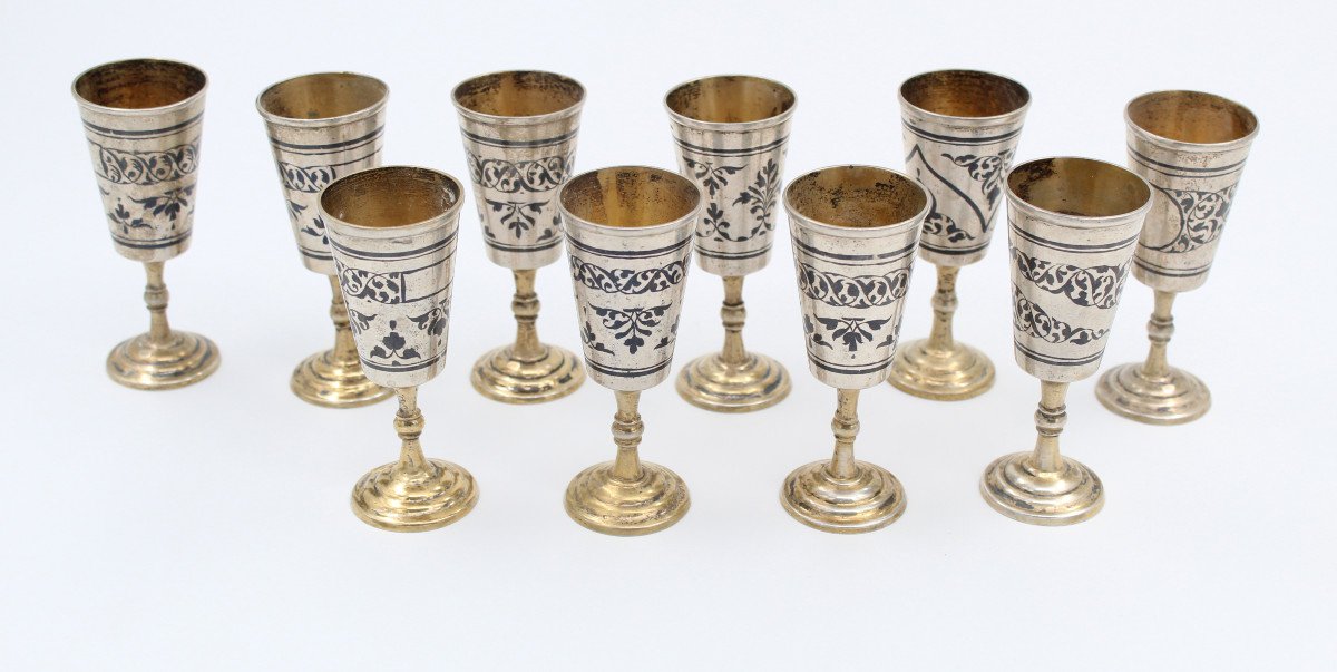 10 Russian Silver Vodka Cups Nielloed 875 Vintage Russian Hallmark-photo-2